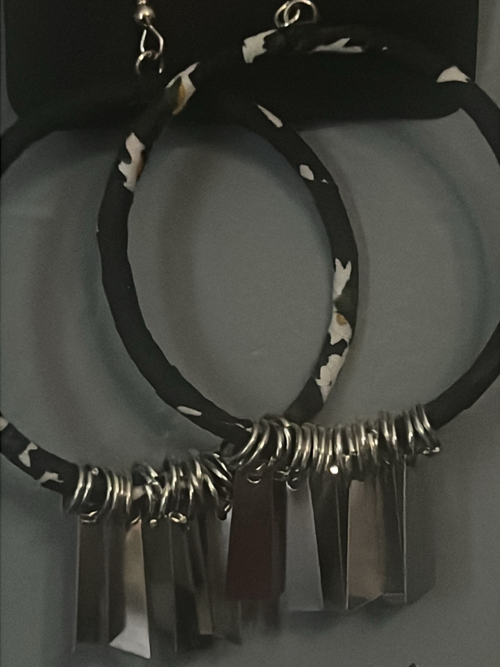 Black Floral Hoop Earrings with Silver Charms